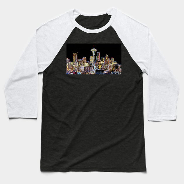 Dark be the Night - Luminous Seattle Skyline Baseball T-Shirt by Christine aka stine1